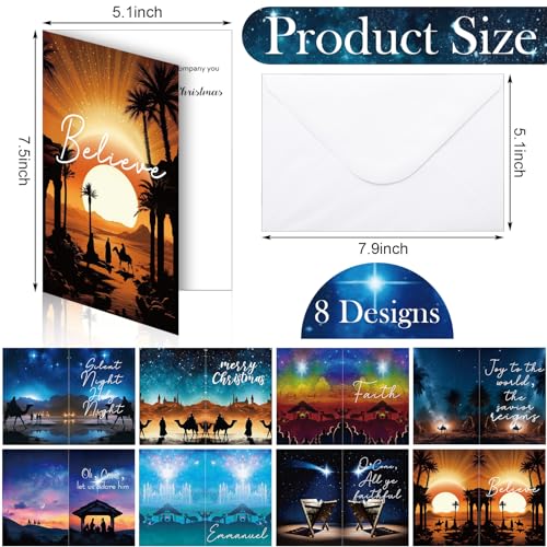 Religious Christmas Cards Set with Envelopes, Nativity Theme, 80 Pack, 7.5 x 5.1 Inches