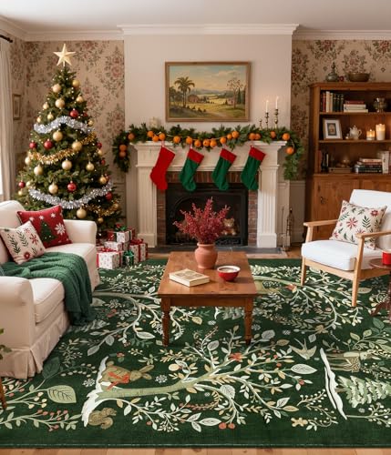 Green 5x7 Christmas Forest Rug with No-Slip Backing - Holiday Floor Mat for Dining & Living Rooms