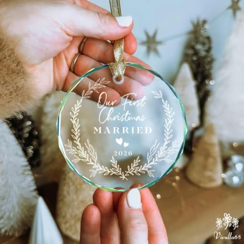 First Christmas Married Glass Ornament 2025 - Personalized Couple Keepsake