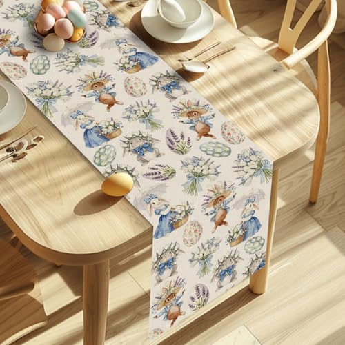 Easter Table Runner 13x72 Inch - Rabbit & Flower Design for Spring Decor