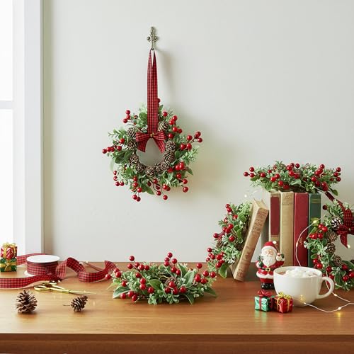Christmas Wreaths Set - 18 Mini Faux Green Wreaths with Plaid Bows & Bells, Indoor Decor