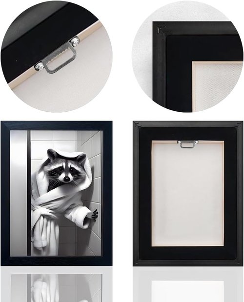 Farmhouse Bathroom Decor | Raccoon Wall Art - Cute Black and White Canvas Print with Bathrobe Design