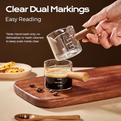 YARRAMATE 2.5oz Double Spout Espresso Shot Cup with Wooden Handle