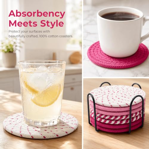 8 Pack Handmade Pink Coasters - Absorbent Cotton Drink Coasters for Desk & Coffee Table