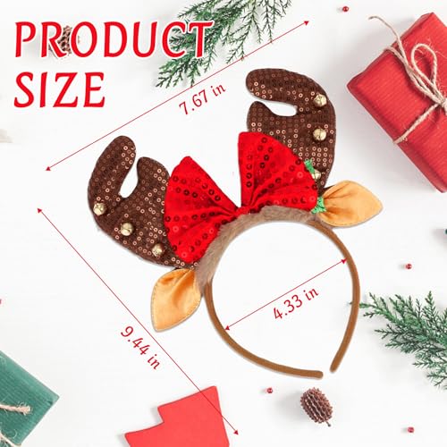 WHAVEL Reindeer Antlers Christmas Headband with Sequin Bow and Bells