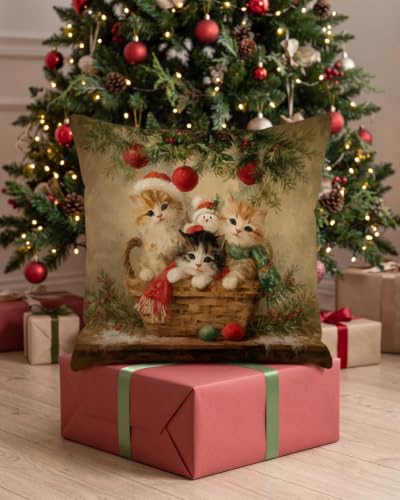 Vintage Christmas Cat Pillow Cover 18x18 with Hidden Zipper