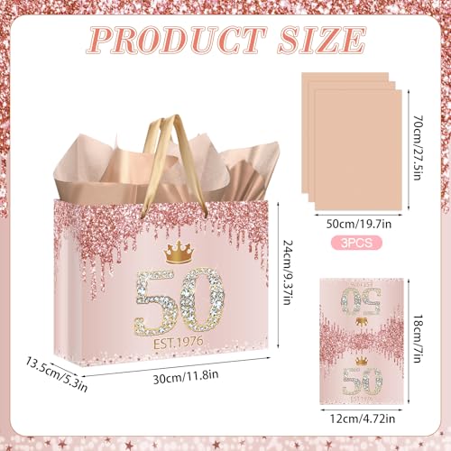 50th Birthday Gift Bag for Women Est 1976 Rose Gold with Tissue Paper