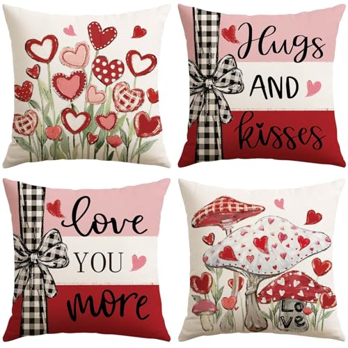 Artscope Valentine's Day Pillow Covers Set of 4, 18x18 Inch Red & Pink Heart Decor