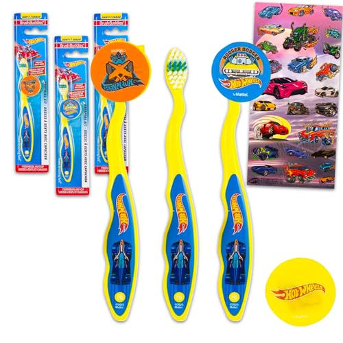 Hot Wheels Kids Toothbrush Kit - 3 Racecar Toothbrushes with Caps & Stickers