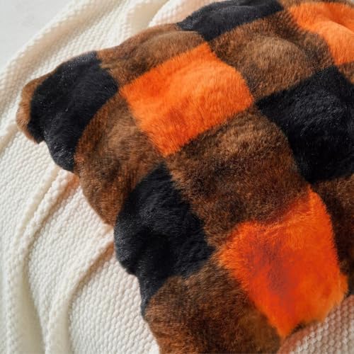 Set of 2 Cozy Faux Fur Throw Pillow Covers - 18x18 Inch Orange-Black Grid