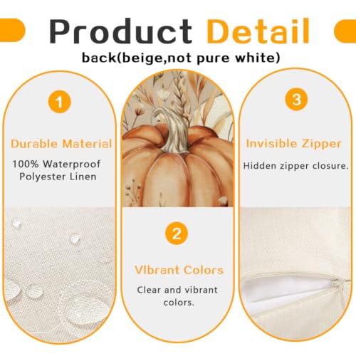 Fall Pumpkin Throw Pillow Covers 18x18, Waterproof Brown Set of 2