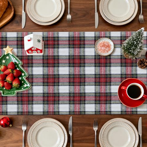 Red and White Scottish Plaid Christmas Table Runner 13x120 Inch - Farmhouse Holiday Decor