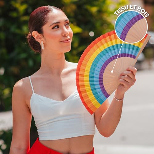 Rainbow Folding Fan - Eco-Friendly Wooden Handheld Fan for Women