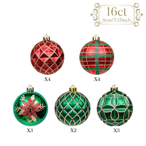 Christmas Tree Ornaments Set - Red Green Gold Large 3.2 Inch - 16pcs Holiday Decor