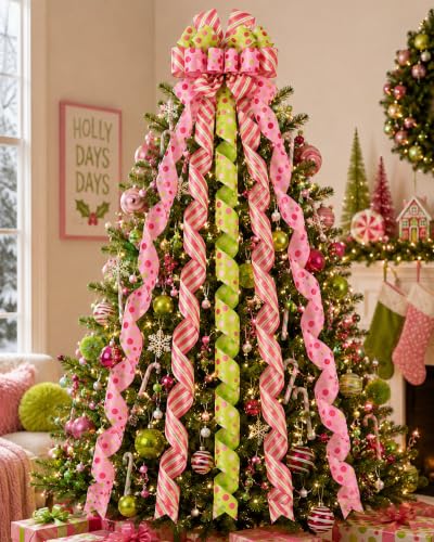 Large Christmas Tree Topper Bow - Pink, Yellow Green Polka Dot Ribbons, 45x13 Inch