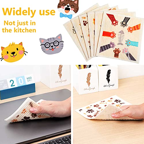 Geiserailie 6 Pack Cat Dishcloths - Reusable Kitchen Towels
