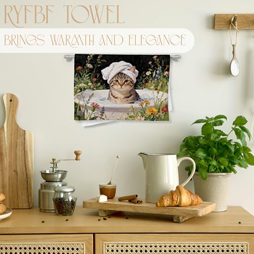 Funny Tabby Cat Hand Towel - Cat Bath Decorative Floral Kitchen Towel 16x24