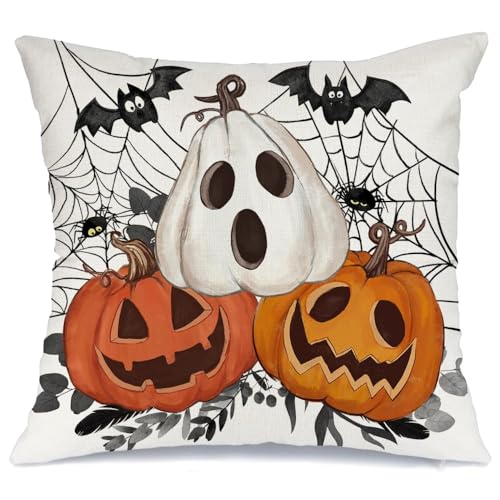 Halloween Pumpkin & Bat Pillow Cover, 18x18 Inch Decorative Farmhouse Case