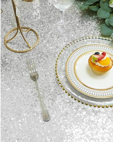 Silver Sequin Tablecloth 90x156 Inch Rectangle for Party Wedding Events - Silver Variation