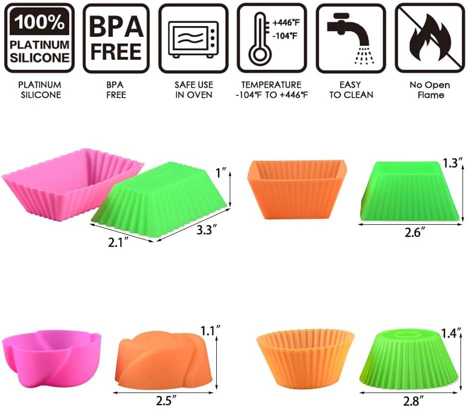 Skiennix Silicone Baking Cups - 24 Pcs Reusable Food-Grade Cupcake Liners in Assorted Shapes