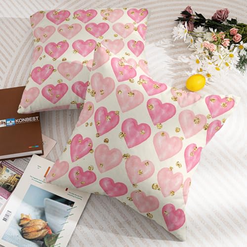 Valentine's Day Decorative Pillow Covers - Set of 2, 18x18 Inch Pink Heart with Golden Polka Dots