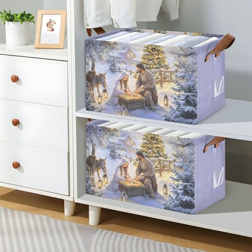 Nativity Scene Religious Christmas Storage Bins with Handles - Medium 2 Pack