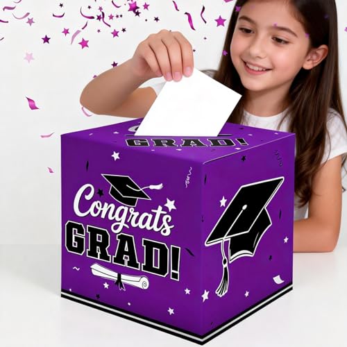 Graduation Card Box 2026 - Elegant Gift Holder, Purple, 9x9x9 in