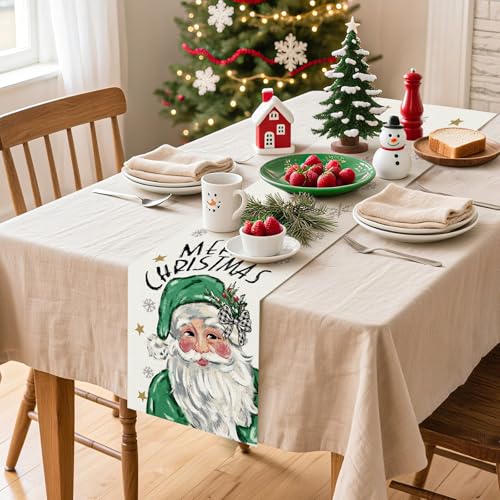 Artscope Christmas Table Runner Santa Claus Snowflakes 13x120 Green