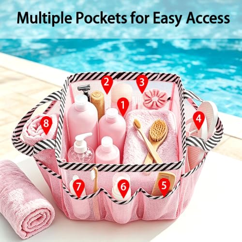 Ynaquest Mesh Shower Caddy - 9 Pocket Portable Toiletry Tote, Pink Stripe