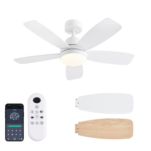 GJeg Ceiling Fans with Lights, 42 Inch Low Profile Ceiling Fan with Lights and Remote Control, LED Dimmable DC Reversible, 8 Speed, Noiseless, Modern White Ceiling Fan for Bedroom, Indoor/Outdoor Use