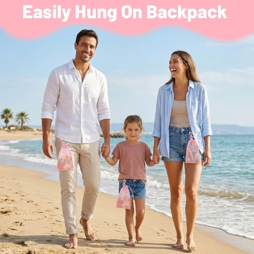 Amabro Pink Mesh Beach Bag - 2 Pcs Foldable Shell Collecting Bags