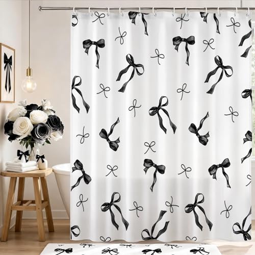 Mocsicka Coquette Bow Shower Curtain, Waterproof Polyester, Black, 71x71 Inch