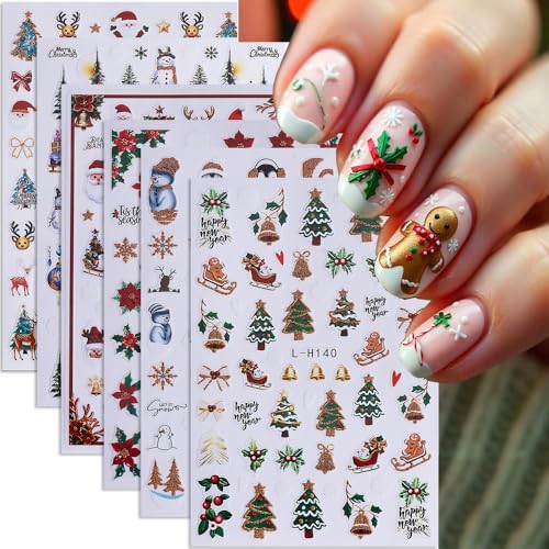 Christmas Nail Art Stickers 3D Self-Adhesive Winter Decals 6 Sheets