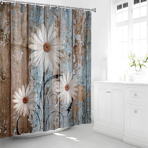 Rustic Floral Shower Curtain - White Daisy & Vintage Barn Design, 70x70 Inches