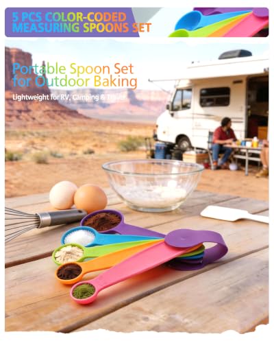 leepiya Measuring Spoons Set of 5, Color Coded Plastic with Fade-Proof Raised Markings