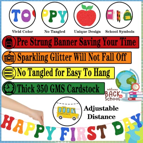 Happy First Day Back to School Banner - Colorful Decor (Red, Purple, Green, Blue, Grey, Pink)
