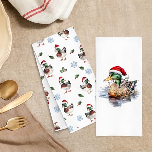Winter Christmas Duck Kitchen Towels Set of 2 - Duck & Santa Hat Design