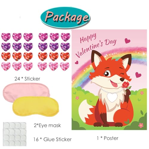 Pin The Heart on The Fox Game with 24 Stickers & 2 Blindfolds