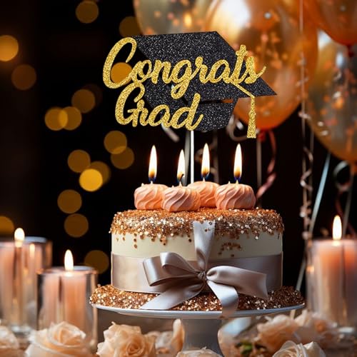 Congrats Grad Cake Topper - Class of 2026 Black Gold Decoration