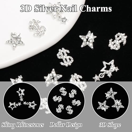 YAEISM 12PCS 3D Star & Dollar Sign Silver Crystal Nail Charms