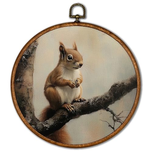 Retro Squirrel Round Wall Art Canvas Print 10x10 Dark Moody Farmhouse Decor