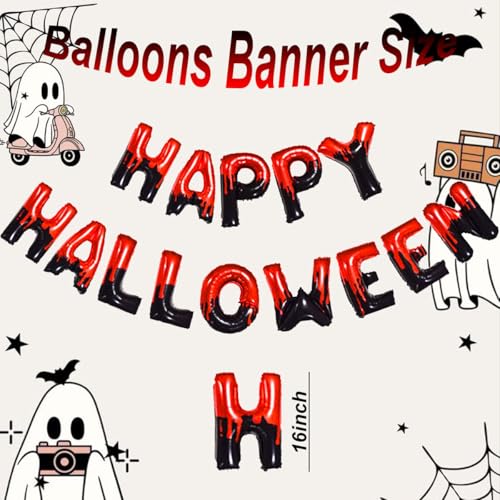 Happy Halloween Foil Balloons Banner - 16 Inch Black and Red Party Decor