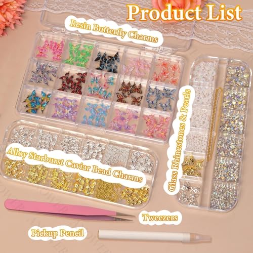 Anower 3-Box Nail Charms Kit with 3D Butterfly, Rhinestones, and Beads