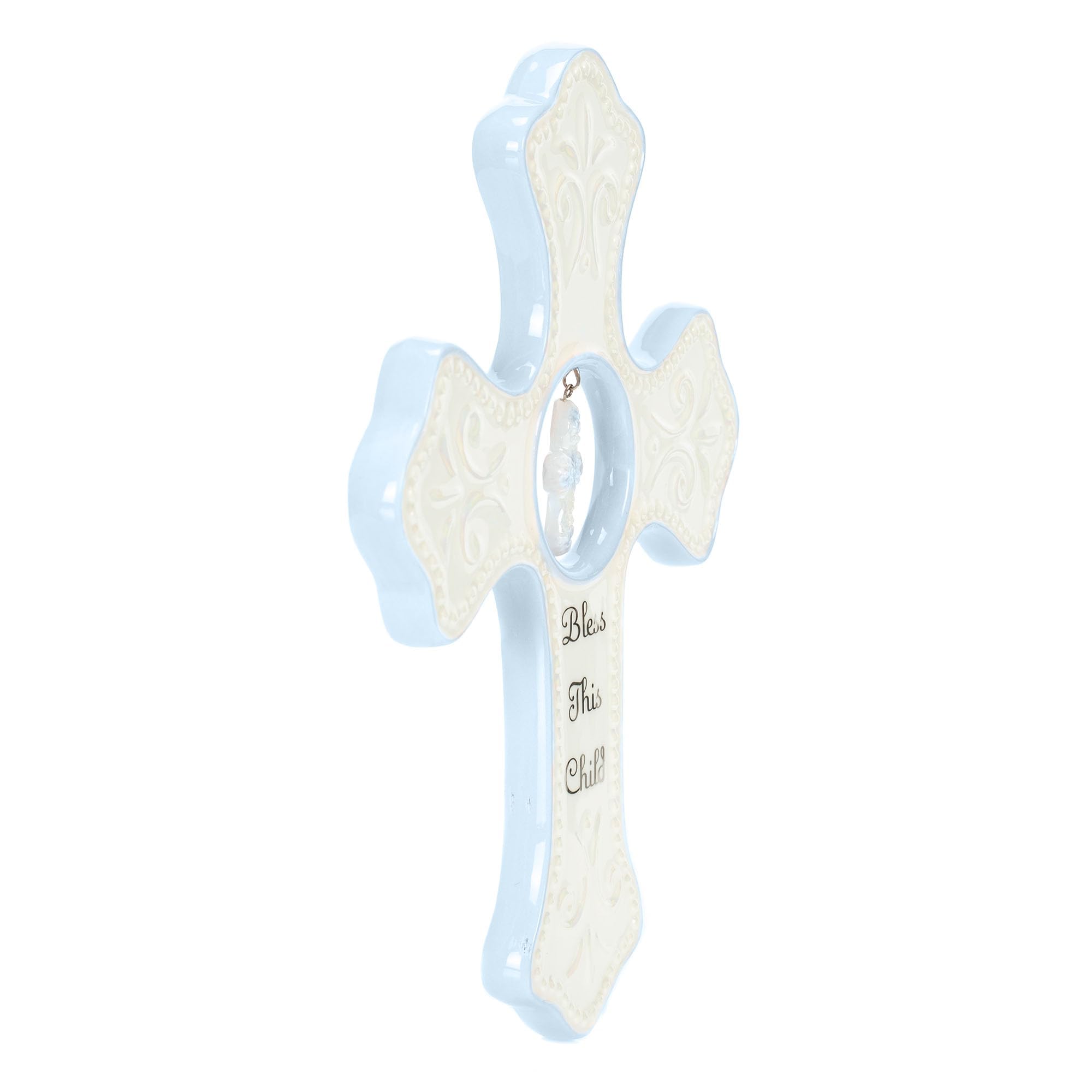 DEMDACO Bless This Child Wall Cross - Blessing Cross for Baby - Faith Nursery Decor - Gift for Newborn - Religious Christian Wall Hanging - Porcelain - Gift Box Packaging - Blue