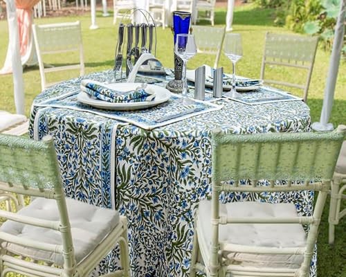 Woodland 110 Inch Round Hand Block Printed Cotton Tablecloth - Blue & White Floral