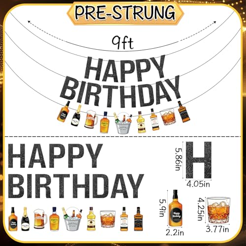 Black Glitter Happy Birthday Banner - Pre-Strung Beer & Whiskey Party Decor