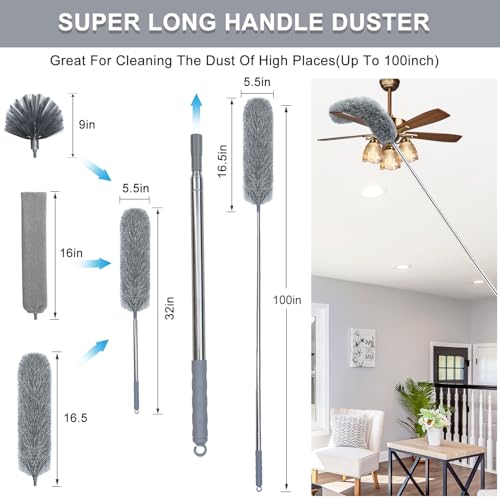 100-Inch Telescopic Microfiber Duster Set for High Cleaning