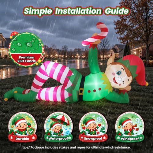 Green 10 FT Christmas Inflatable Lying Elf with Candy Cane Outdoor Yard Decor