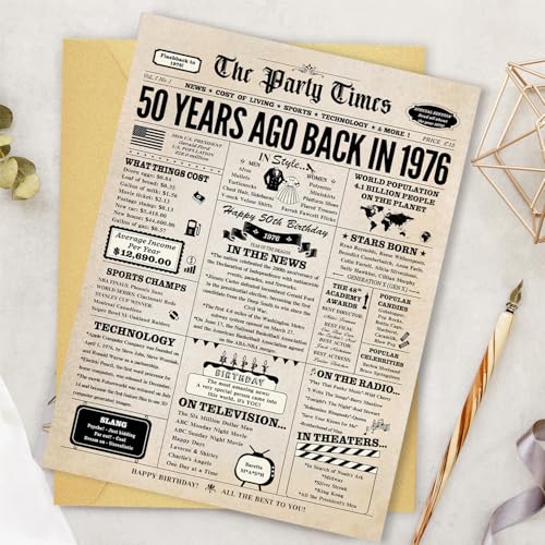 Vintage 50th Birthday Card with Envelope & Stickers - 8x13” Celebratory Greeting Card for Milestone Occasion - BGTCARDS