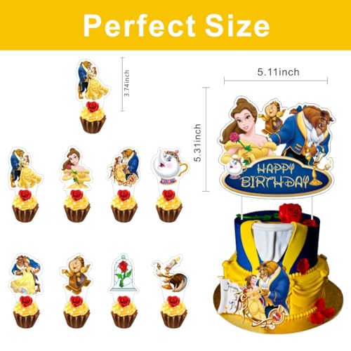 25Pcs Beauty & Beast Cake Decorations with Cupcake Toppers for Girls Birthday Party